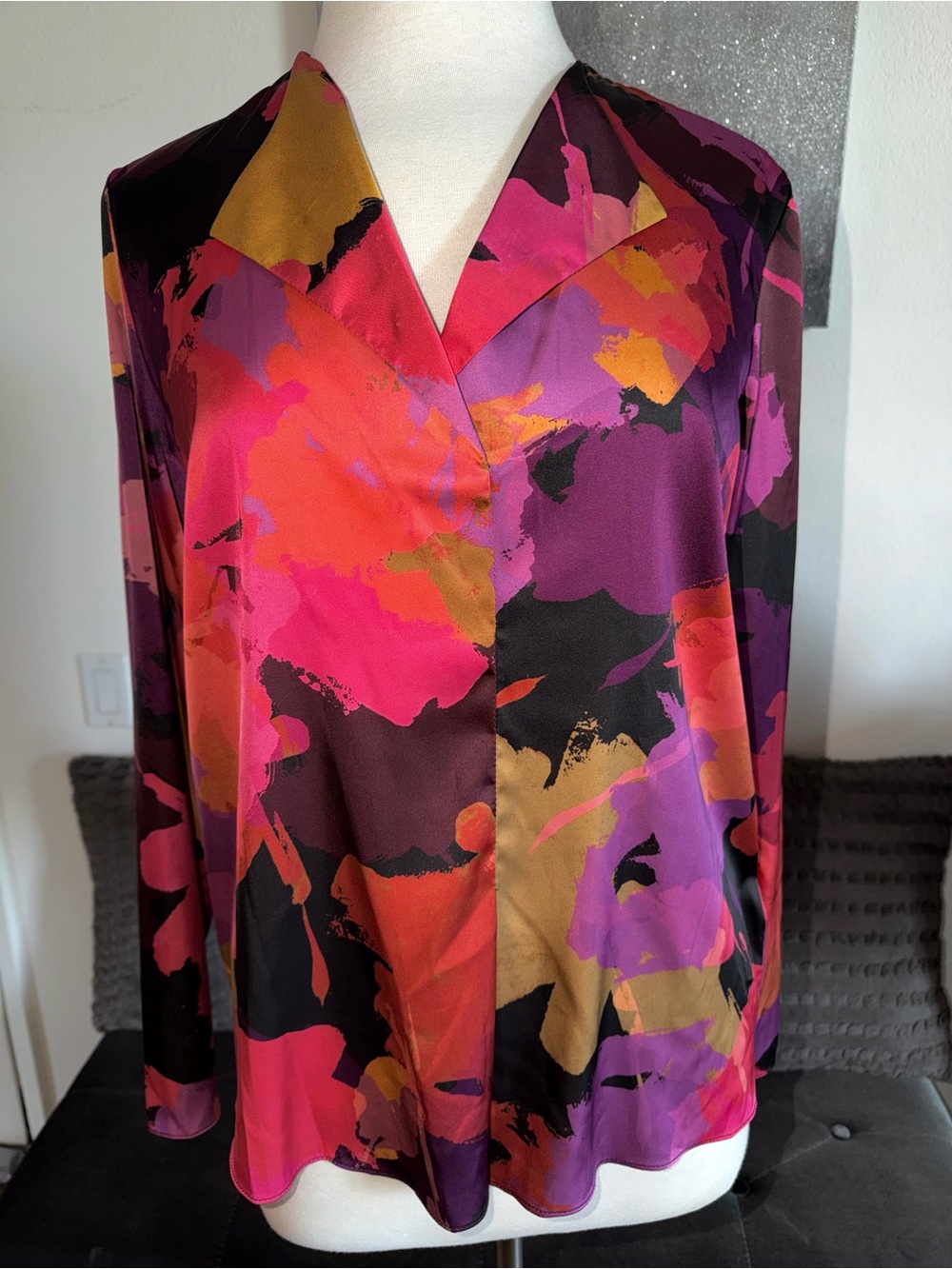 Joseph Ribkoff Colorful Abstract Floral Satin Blouse Size 10 Silky Draped Top